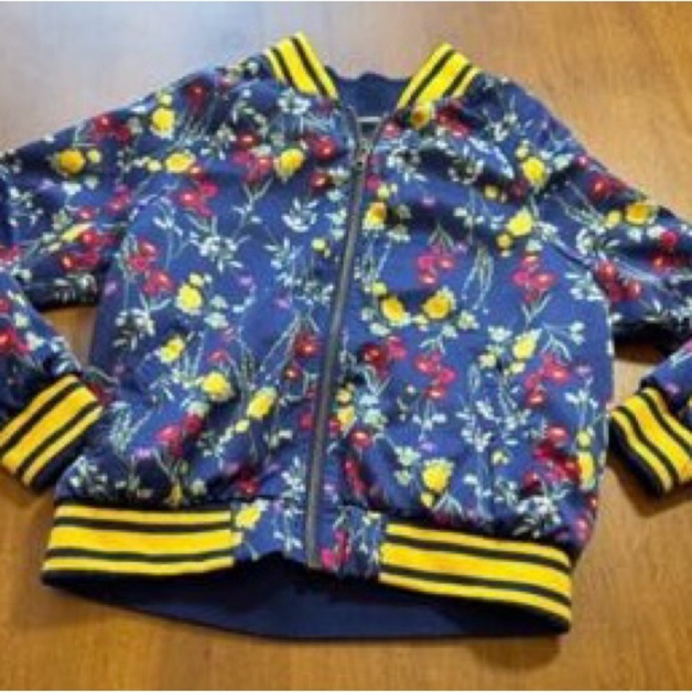 Ob-Sess Girls Floral Bomber Jacket with Yellow Striped Trim Size S